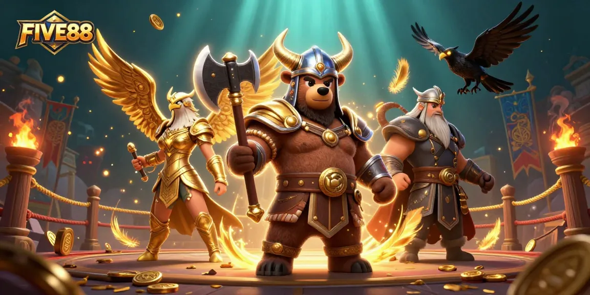 Immerse in the gaming adventure with FIVE88's vibrant casino scene featuring a Viking bear and Valkyrie eagle.