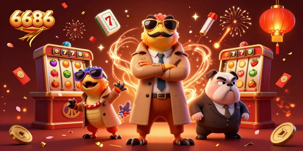 Engage with 6686's vibrant 3D casino scene featuring raptors attempting entry, juxtaposed with festive gaming elements.