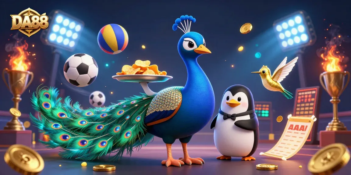 DA88 online casino features a colorful 3D scene with a peacock, butler penguin, and hummingbird amidst dynamic sports elements.