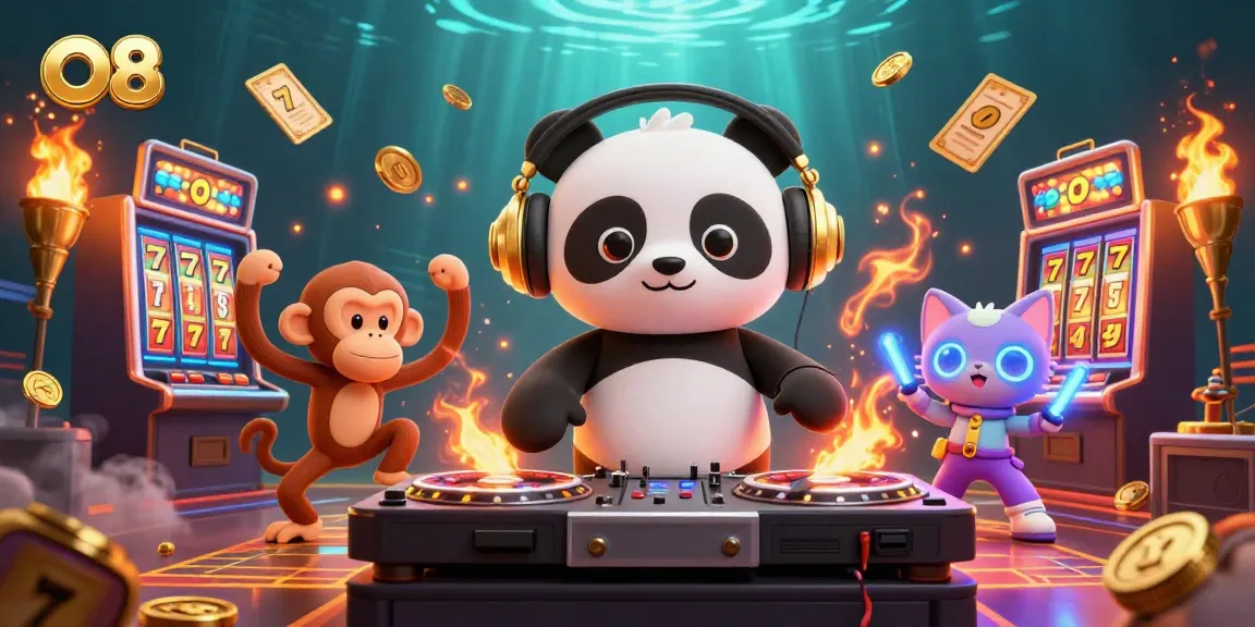 O8 features an energetic DJ panda, breakdancing monkey, and glow-stick kitten in a vibrant casino scene.