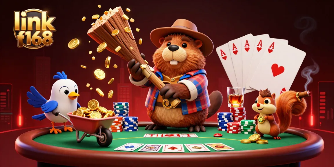 Experience excitement with link f168 as a beaver chops a tree raining coins, showcasing poker elements.