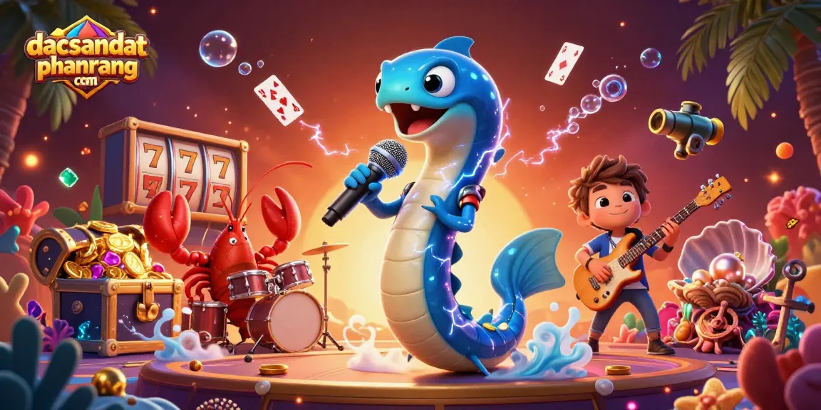 Engage with dacsandatphanrang com in this vibrant underwater casino scene featuring an electric eel DJ alongside charming aquatic musicians.