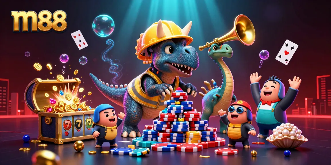 M88 offers thrilling betting experiences showcased by playful characters in a vibrant casino scene.
