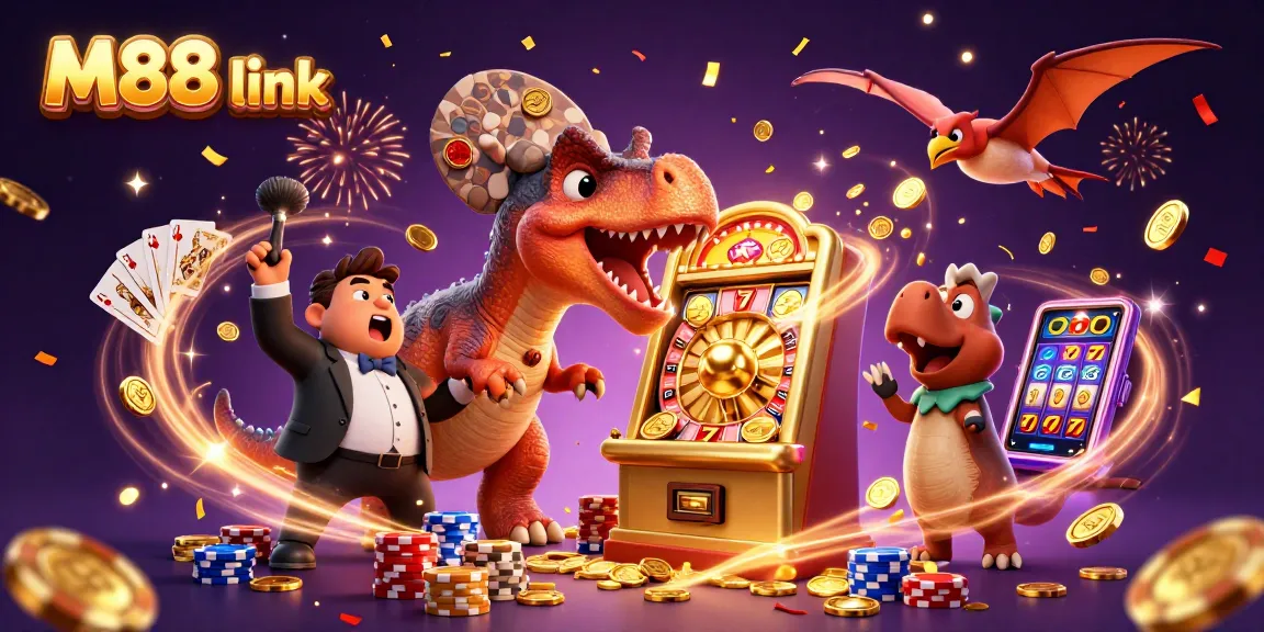 M88 link showcasing a pachycephalosaurus winning a jackpot at a slot machine, surrounded by casino excitement.
