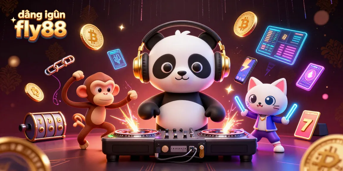 Play and log in to fly88 with an energizing 3D casino scene featuring vibrant characters and elements.