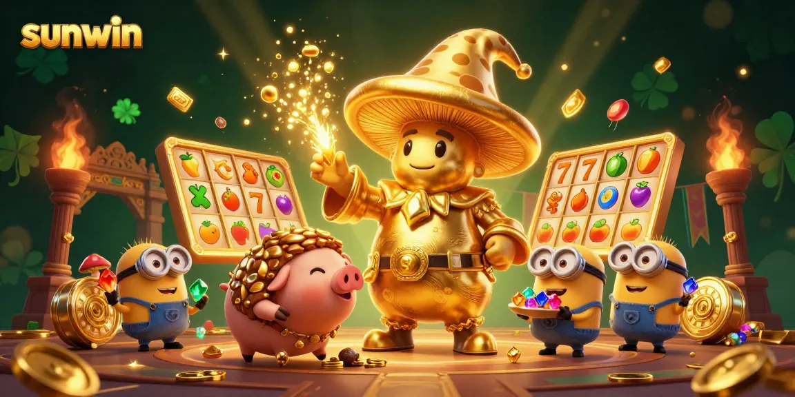 Experience sunwin's magic as golden reels spin with luck in this vibrant casino scene.