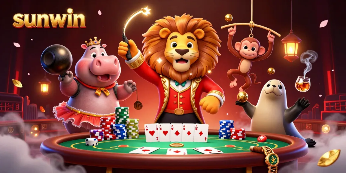 Experience thrilling games at sunwin with an energetic circus-style casino scene featuring vibrant characters.
