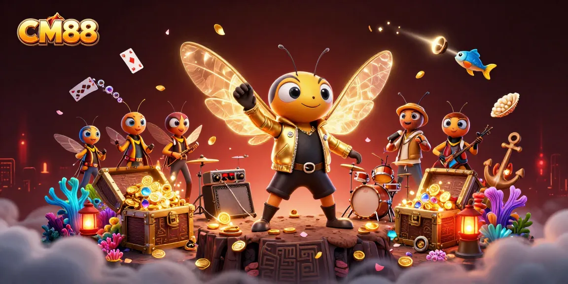 Engage in the CM88 casino experience with vibrant 3D rendering, showcasing rock star characters amidst gold treasures.