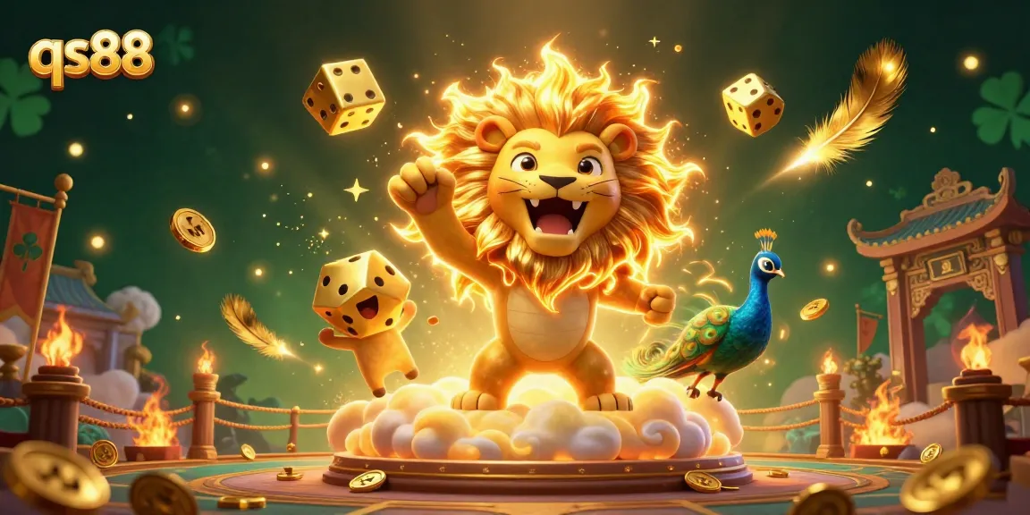 Experience exciting wins at qs88 in this vibrant casino scene with a roaring lion and golden dice.