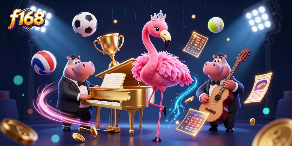 Experience the thrill of f168 online gaming with vibrant casino characters and dynamic sports elements.
